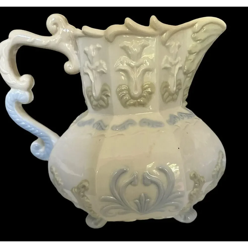 Stunning Capodimonte Italy Beverage Jug Pitcher Decorated Relief Octagon Shape